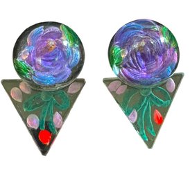 LUCITE Floral Domed And Geometric Hand-Painted Clip-On Earrings, C. 1980s