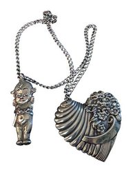 SIGNED TRUART Sterling Silver Kewpie Doll And Floral Bouquet Heart Brooch Pendants, C. 1940s
