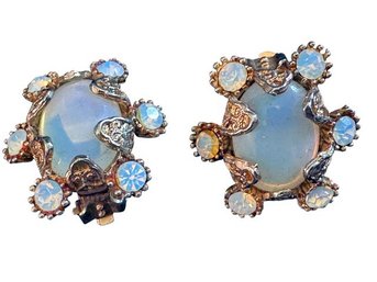 SIGNED HOLLYCRAFT Antiqued Gold-Tone Opalescent Glass And Aurora Borealis Rhinestone Clip-On Earrings, C. 1950