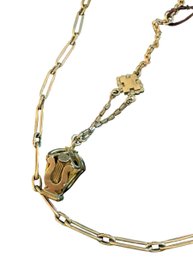 ANTIQUE Gold-Toned Gilt Metal Double Albert Watch Chain With Stylized Lyre Fob, C. 1890s-1910s