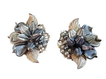 Floral Cluster Clip-On Earrings With Ribbed Beads And Leaves, C. 1950s-1960s