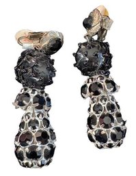 SIGNED DE LISO Black Rhinestone Dangle Clip-On Earrings, C. 1960s