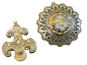Ornate Fleur-de-Lis Brooch And Faux Pearl Medallion Pendant, C. 1950s