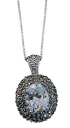 STERLING SILVER Oval Marcasite And Faceted Cubic Zirconia Pendant Necklace, C. 1980s