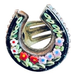 Delicate Micro Mosaic Floral Horseshoe Single Earring Or Dress Clip, C. 1930s-1950s