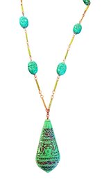 EGYPTIAN REVIVAL Carved Faience-Style Scarab And Pendant Necklace  C. 1960s-1980s