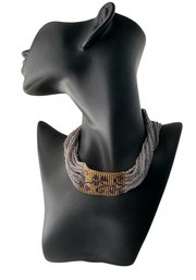 VINTAGE Multistrand Seed Bead Choker Necklace With Leopard Print Motif, C. 1990s
