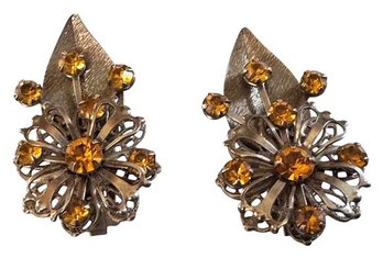MID-CENTURY Amber Rhinestone Cluster Clip-On Earrings, C. 1940s-