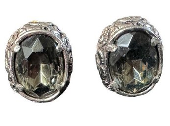 GOLDETTE SIGNED Vintage Ornate Faceted Smoky Grey Crystal Clip-On Earrings, C. 1950s