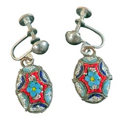 ITALIAN STYLE Micromosaic Floral Dangle Screw-Back Earrings, C. 1940s-1960s