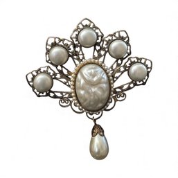 HOBE Vintage SIGNED Baroque Pearl Filagree Style Antique Goldtone Brooch Pin