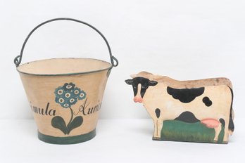 Two Vintage Hand Painted Metal Folk Art Items