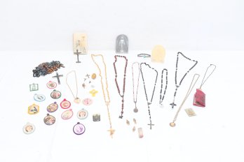 Large Collection Of Catholic Religious Medals , Crucifixes And Rosary's