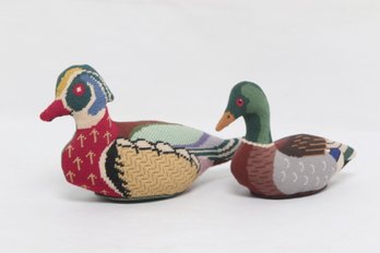 Two Handmade Needlepoint Ducks Heavy Doorstops