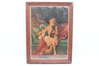 Antique Original 1886 Chromolithograph Art Print ' Girl With Kitten And Puppy' By Emile Munier (1840-1895)
