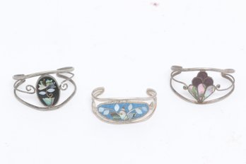 3 Vintage Mexican Alpaca Silver Inlay Cuff Bracelets