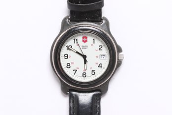 Victorinox Swiss Army Quartz Wristwatch W/ Date, White Dial, Arabic Numerals, Black Leather Band