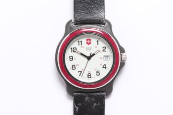Victorinox Swiss Army Marlboro Quartz Watch W/ Date, Red Bezel, White Dial, Black Leather Band