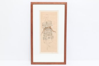 Framed Fashion Sketch Drawing Female Figure Ink & Wash Illustration 14.25' X 8.25'