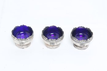 Lot Of Three Vintage Silver Plated Salt Sellars With  A Cobalt Blue Glass Liners