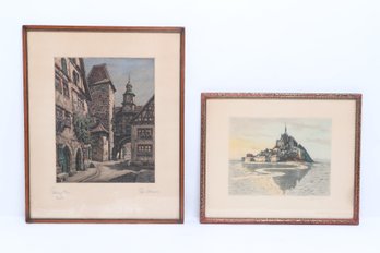 Framed European Street & Coastal Etching Prints Signed Paul Solmann 20.75' X16.75' & 17'x 14'