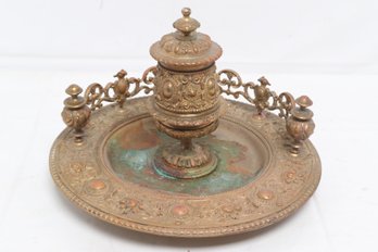 Very Ornate Antique Bronze Large Inkwell