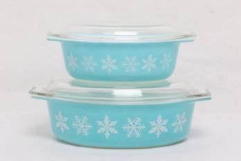 Pair Of Vintage Pyrex Turquoise Snowflake Oval Casserole Dishes
