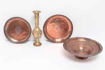 Vintage Copper Bowl & Plate Lot With Brass Turquoise Inlay Vase