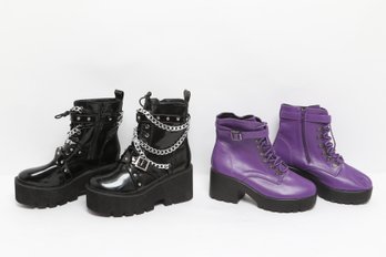 Womens Platform Combat Boot Lot Black Patent Chain & Purple Ankle Boots