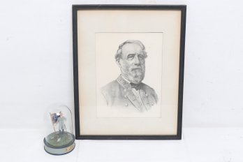 Antique General Robert E. Lee Print Together With General Robert E. Lee Small Figure Displayed Under A Glass