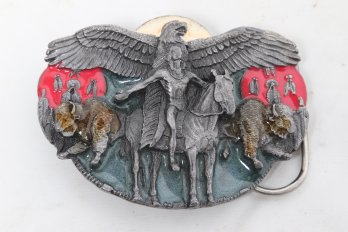 Vintage 1988 Siskiyou Collectable Pewter & Enamel Belt Buckle W/Eagle & Horse Motif