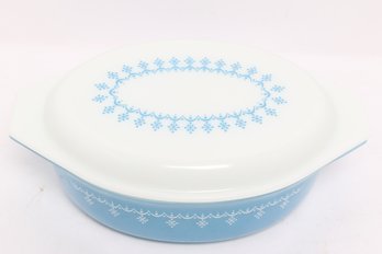 Vintage Pyrex Blue Snowflake Oval Casserole Dish With Lid