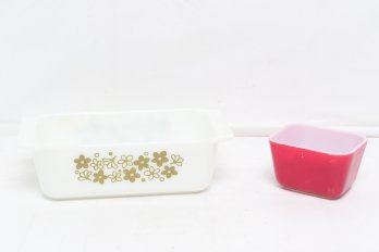 2 Pieces Vintage Pyrex: Spring Blossom/Crazy Daisy Loaf Dish & Small Red Refrigerator Dish