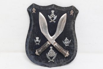 Vintage Gurkha Regimental Shield Featuring Crossed Kukri Knives And Various Cap Badges