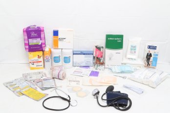 XL Medical Supply Lot: Wound Care Items/Dressings, Blood Pressure Cuff/Stethoscope & Much More