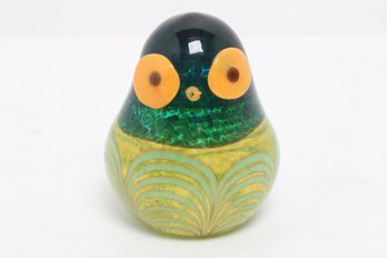 Vintage Galliano Ferro Hand Blown Murano Art Glass Owl Paperweight Green & Yellow Decorative