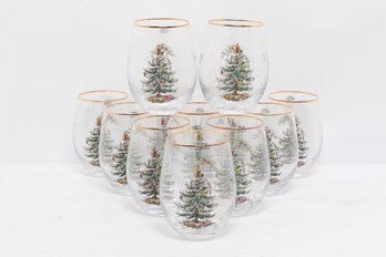 Spode Christmas Tree Stemless Wine Glass Set Gold Rim Holiday Glassware