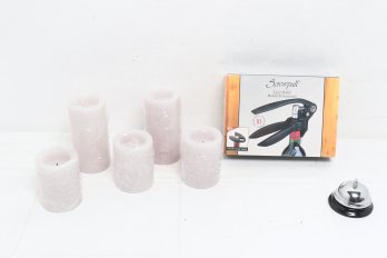 Screwpull Wine Opener, Candles And Hotel Front Desk Metal Table Bell