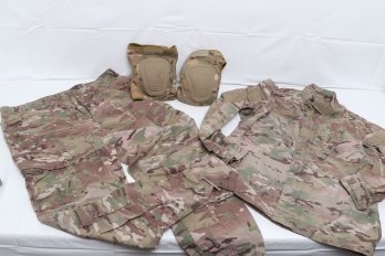 US Military Camouflage Fatigues And Knee Pads Both Pants Are Size Large & Shirt Is Medium