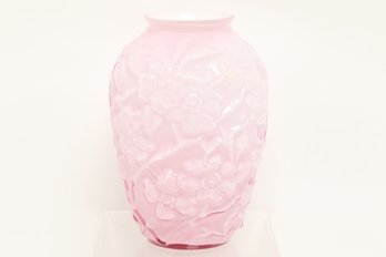 Vintage Fenton Pink Satin Glass Floral Relief Vase With Raised Flower Motif