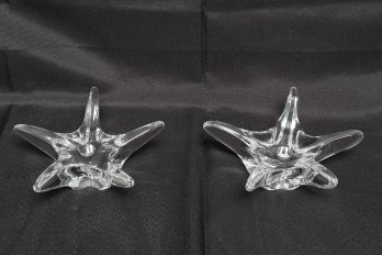Pair Of 1970s Daum France Star Crystal Candle Holders - Signed