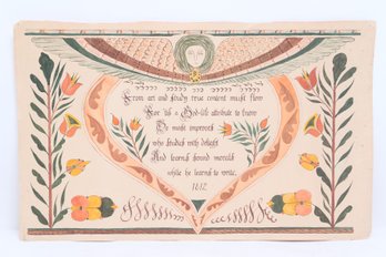 Antique /Vintage Fraktur Folk Art Calligraphy Circa 1812 With Heart Motif 13.75' X 8.5'