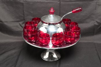 1930's Lehman Bros. Art Deco Chrome And Ruby Glass Saturn Punch Set