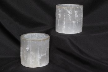 Pair Of Selenite Cylinder Candle Holders Frosted Crystal Mineral Decor
