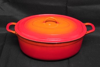 Vintage Oval Dutch Oven Enamel Flame Orange Cast Iron Pot