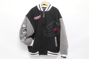 The Source Clothing Company Varsity Jacket Black Gray Embroidered Size XXL