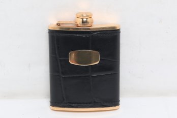 Vintage England Gold Plated And Leather Hip Flask