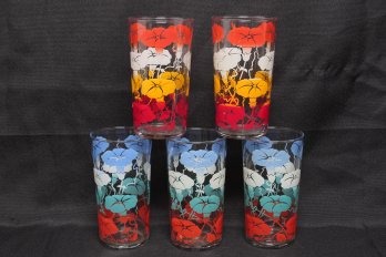 5-vintage MCM Swanky Swig Floral Drinking Glasses/tumblers