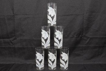 6-vintage MCM White Flower Drinking Glass/tumblers By Federal Glass