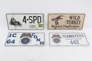 4-vintage License Plates Including Ct. Antique Vehicle, Teamsters & Wild Turkey